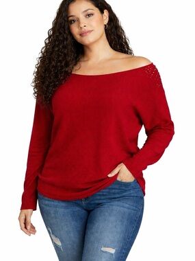 Vila Milano Red Off the Shoulder Sweater w/ Rhinestones For Dazzle Women’s